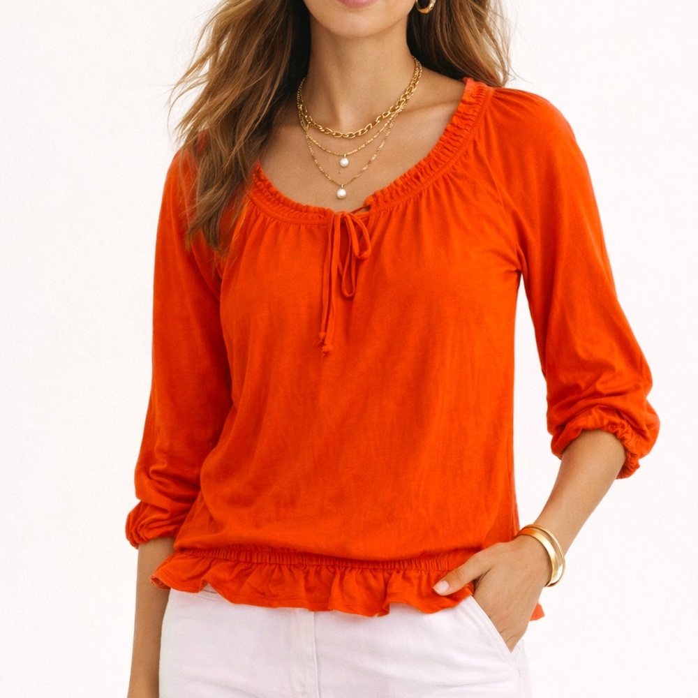 Women's Red/ Orange Peasant Top with Tie Neck